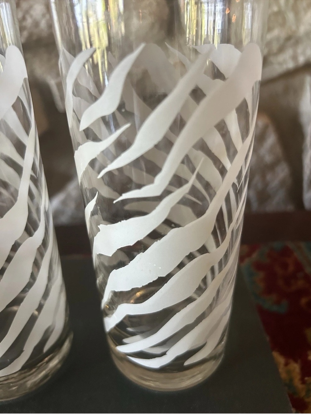 4 Vintage Zebra Striped Frosted Highball Cocktail Glass Tumblers Jungle 70's - Picture 2 of 2